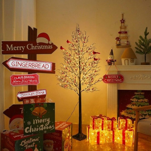 smartbies 150cm Pre Lit LED Twig Birch Christmas Tree Lamp with Red Birds – 200 Warm White Lights, 8 Modes, Indoor/Outdoor Decoration Christmas