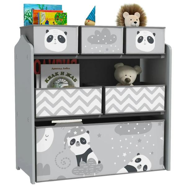 Grey kids storage unit with six fabric bins, panda and moon star prints on drawer fronts