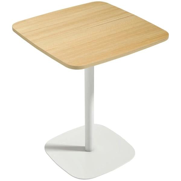 Small square dining table with light wood-veneer top and white steel pedestal base