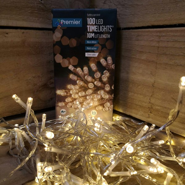 Samuel Alexander 100 LED 10m Premier Christmas Outdoor Multi Function Battery Lights with Timer & Clear Cable in Warm White