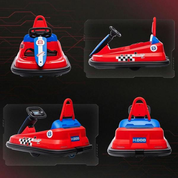 Red electric kids bumper car in multiple views, showing blue horn and black base.