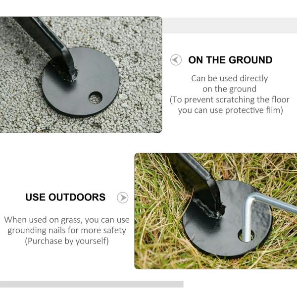 Black steel hammock stand base plate with anchoring hole for outdoor use