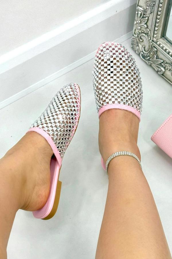 Sparkly Prism Glow Mule Sliders Pink, showing lightweight flat sole for comfortable all-day use