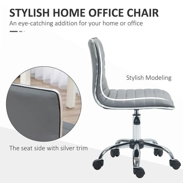 Light grey armless office chair with silver-trimmed faux leather look and chrome base