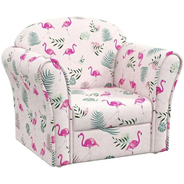 Kids pink flamingo armchair with padded seat and armrests, fabric upholstery