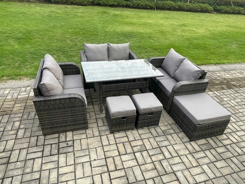 Fimous 9 Seater Outdoor Rattan Garden Furniture Set with Patio Rectangular Dining Table Love Sofa 3 Footstools Dark Grey Mixed
