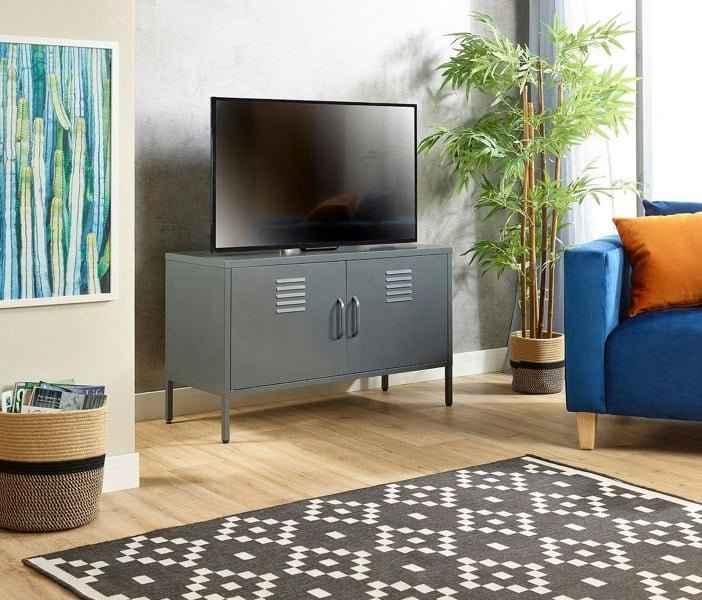 MMT Furniture Designs Grey Metal, 2 door 100cm wide TV Cabinet, Display Cabinet for Home or Office