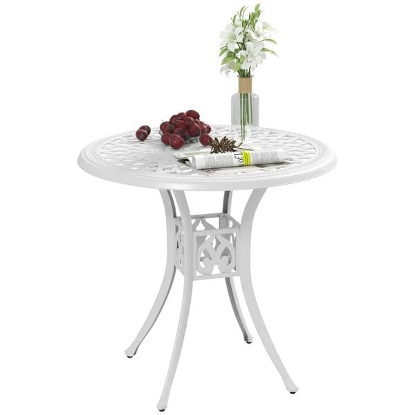 White round garden dining table with central parasol hole and ornate cast-aluminium base