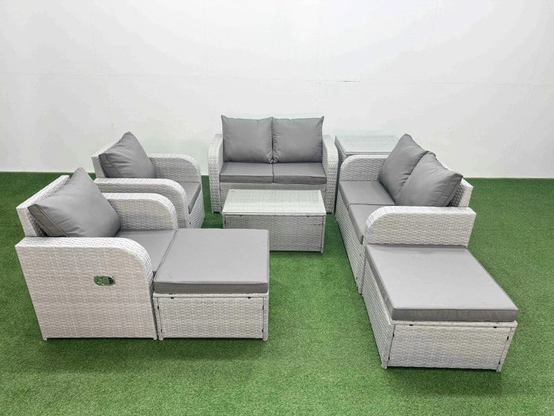 Fimous 8 Seater Rattan Garden Furniture Set - Light Grey with Reclining Chair, Loveseat & Rectangular Coffee Table & 2 Footstools