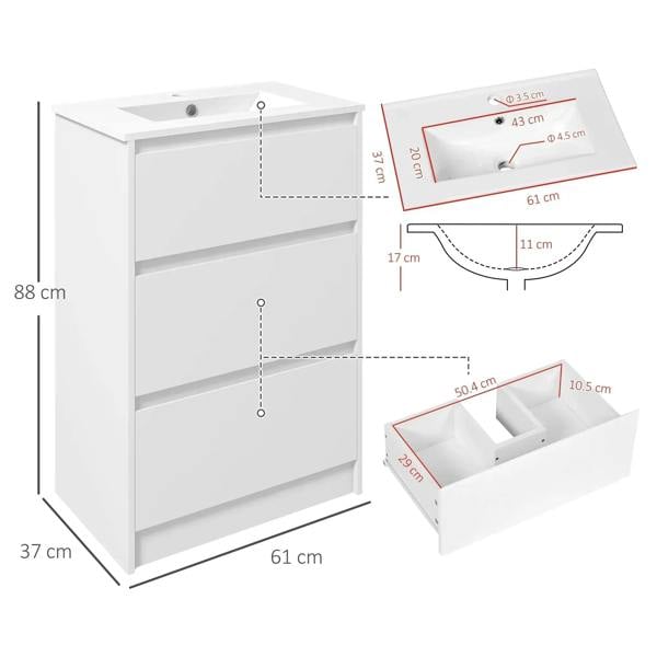 High gloss white bathroom vanity unit with sink basin and two drawer compartments