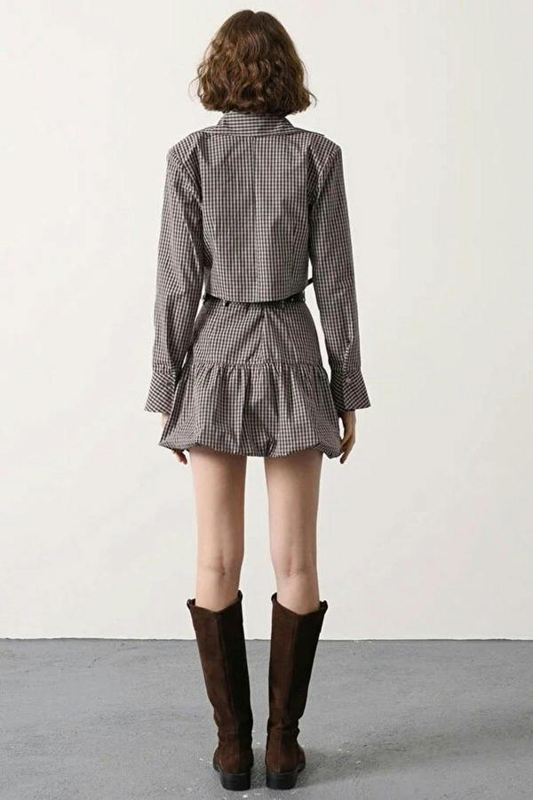 WOVCOR Mini Plaid Belted Balloon Skirt