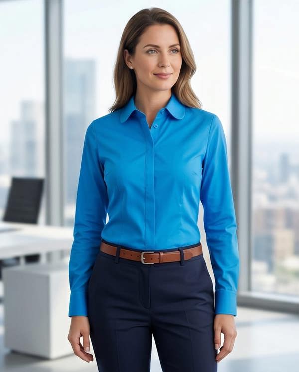 Pamoni Women's Blue Fitted 100% Cotton Shirt