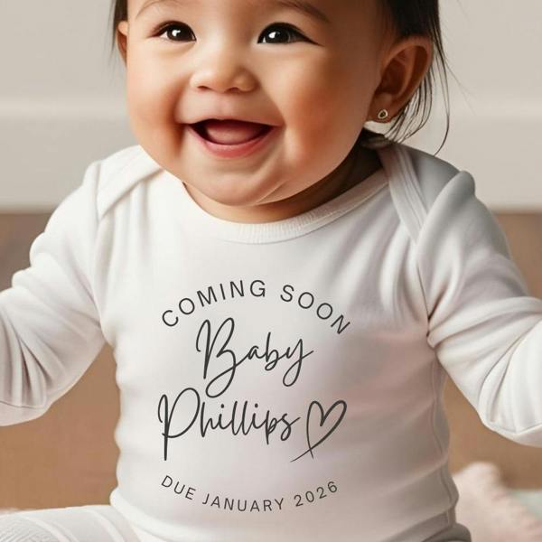 Personalised Coming Soon Baby Grow, Vest or Bib with Name