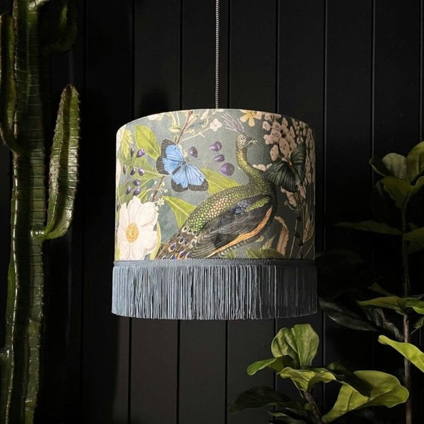 Handmade Peacock Floral Mystical Plumes Lampshade With Fringing