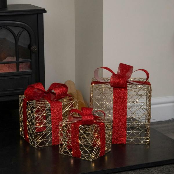 Samuel Alexander Set of 3 Gold Light Up Christmas Parcel Decorations with 90 Warm White LEDs