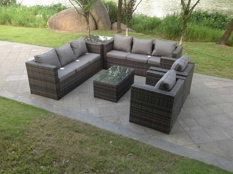 Fimous 8 Seater Rattan Garden Furniture Set with Coffee Table, 2 Sofas, 2 Chairs, & 1 Side Table - Dark Grey