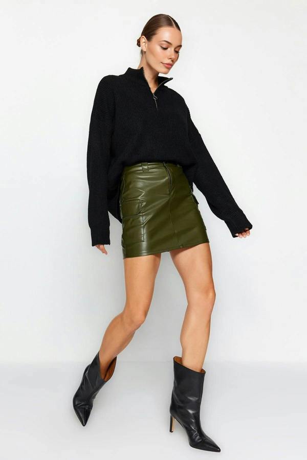 WOVCOR Faux Leather High Waist Mini Knit Skirt with Cargo Pocket