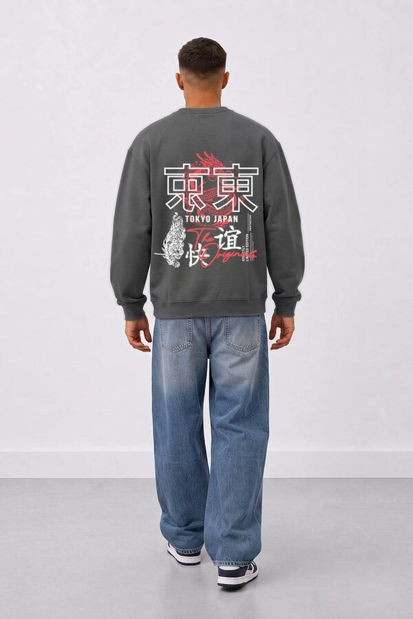 London Attitude Relaxed Fit Tokyo Dragon & Tiger Sweatshirt - Steel Grey