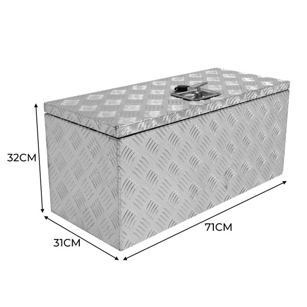 Large 70L aluminum tool box with a diamond plate texture, silver finish, and secure latch, measuring 71cm x 31cm x 32cm