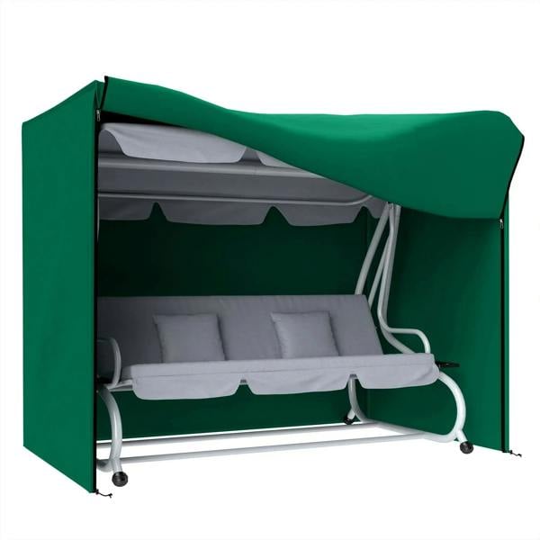 Green three-seater swing chair protective cover with front opening