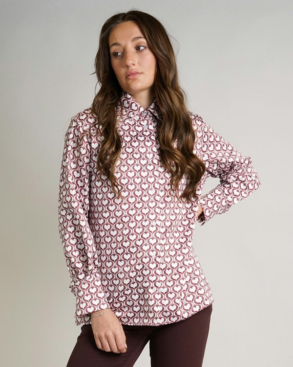 Antonia York Brown & White Hearts Print Shirt | Elisha Classically Cut Shirt with Deep Cuffs