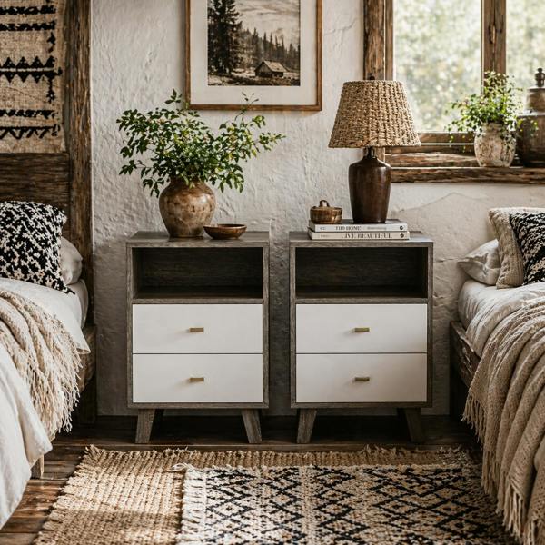 Wyld Haus Cosana Grey and White Scandinavian Bedside Table With Drawers And Open Shelf