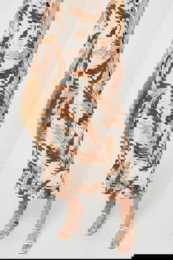 Brown | Leaf Print Layered Tie Waist Maxi Dress
