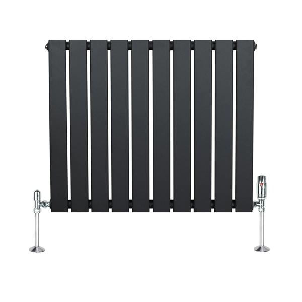 Flat single column radiator in anthracite grey, featuring sleek vertical slats and polished chrome valves, ideal for modern interiors