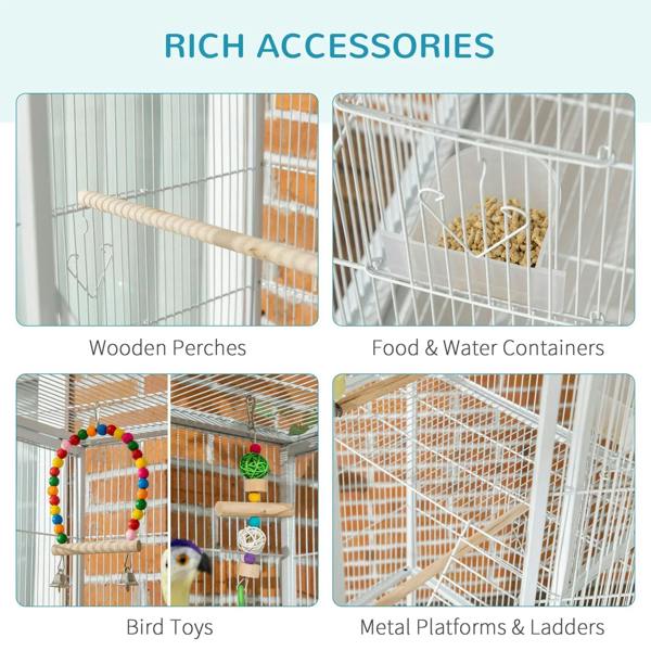 White bird aviary cage accessories: wooden perches, metal ladders, food & water