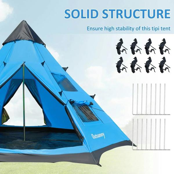 Blue tipi tent with open side panels and stable frame structure