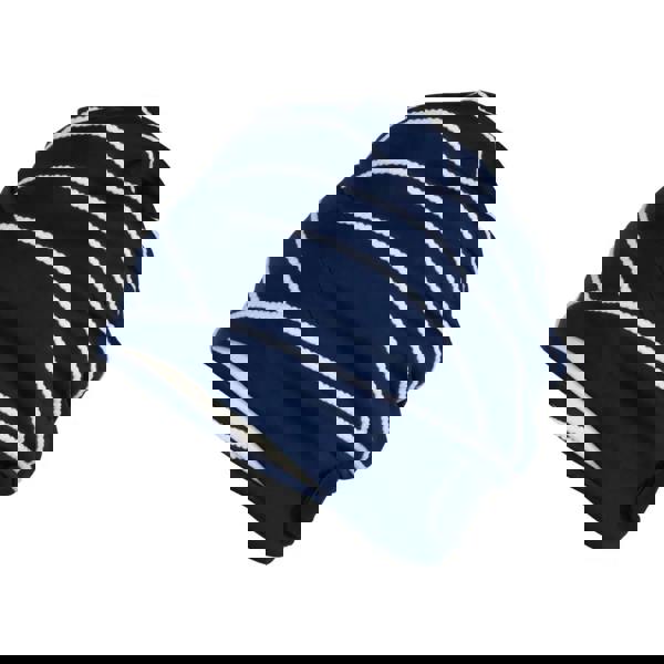 Navy blue and white striped piped fabric swim cap with fleece lining