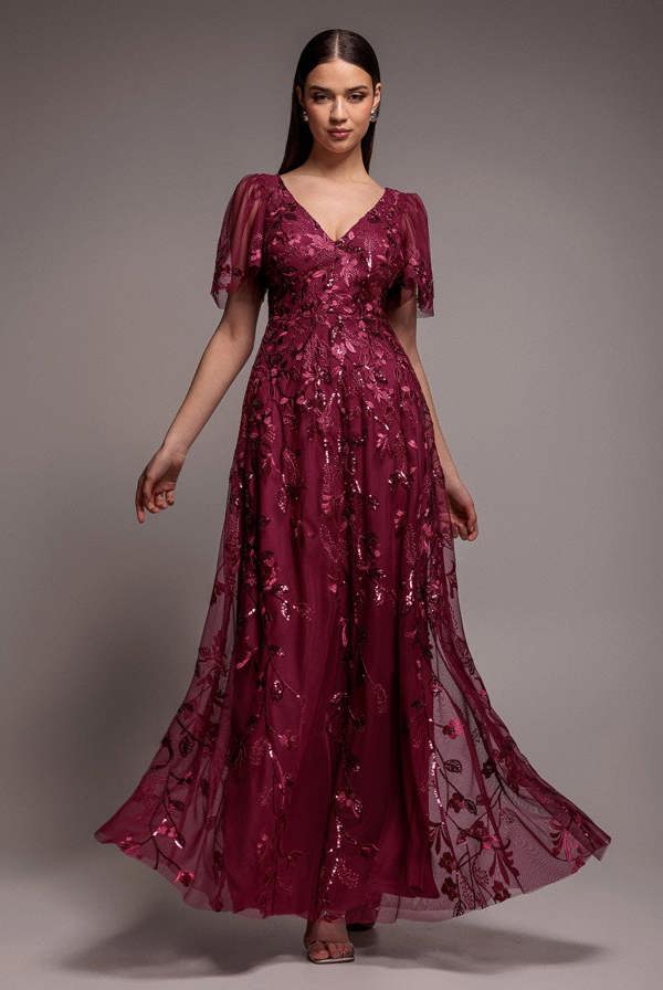 Flared Sleeve Embroidered Maxi Dress - Magenta DR3279A
