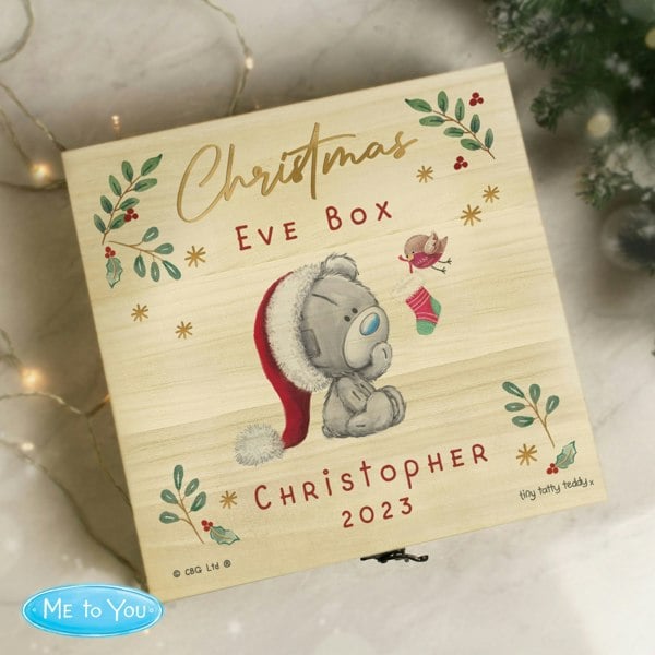 Personalised Memento Company Personalised Winter Christmas Eve Tiny Tatty Teddy Large Wooden Keepsake Box