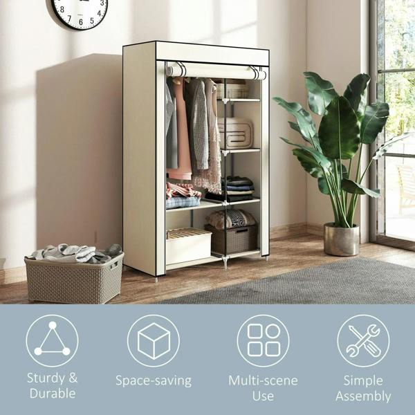 Cream portable closet wardrobe with hanging rail and shelves, doors open