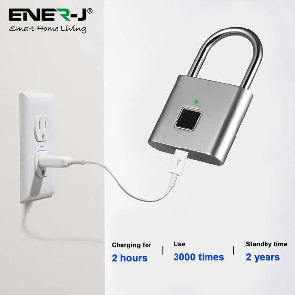 ENER-J Smart Fingerprint Padlock, USB Rechargeable Biometric Lock, 10 User Access, 9,000 Unlocks, Gym, Lockers, Bikes & Travel, Black