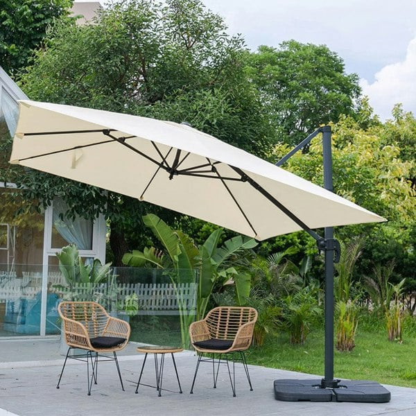 Light Grey 3 x 3 m Square Cantilever Parasol Outdoor Hanging Umbrella for Garden and Patio Parasols Living and Home Beige Parasol + Cross Base + Petal Water Tank