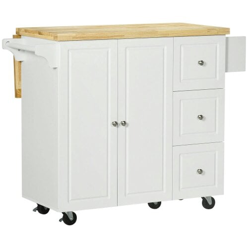 Wyld Haus Tanalo Wooden White Rolling Kitchen Island With Drop Leaf Drawers Towel And Spice Racks