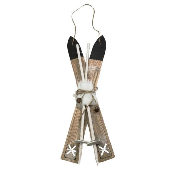 Samuel Alexander 55cm Wooden Skis with Decorative White Fur and Silver Bells Christmas Decoration