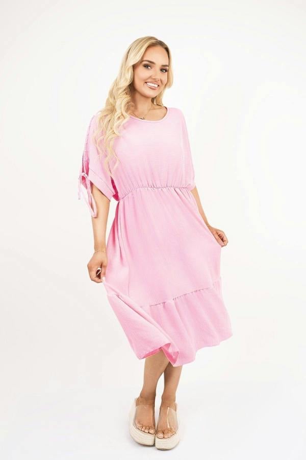 Fianna Round Neck Short Sleeve Midi Dress With Tie Sleeve Detail - Pink
