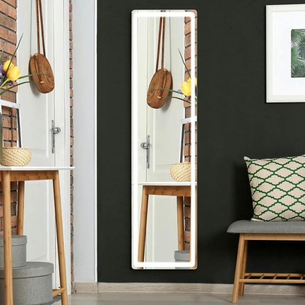 Full-length LED mirror with black frame, vertical wall-mounted position