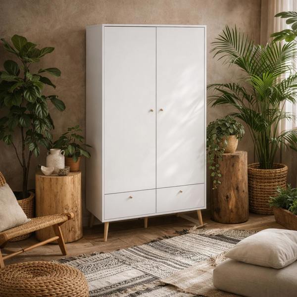 Wyld Haus Quietbloom White Wooden Wardrobe 2 Doors 2 Drawers