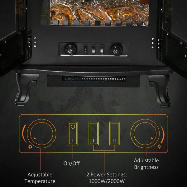 Front control panel of black electric fireplace stove heater with two power settings and brightness