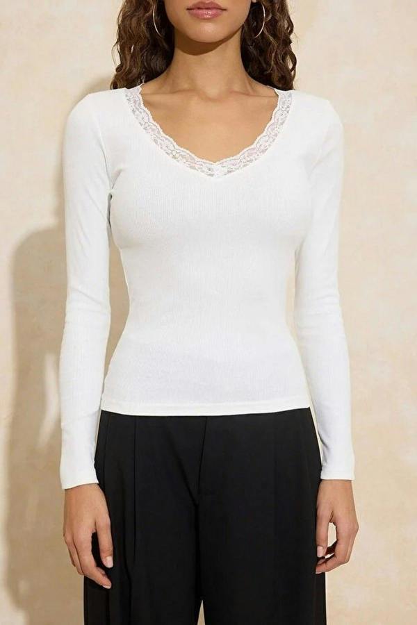 WOVCOR V-Neck Lace Detail Ribbed Cotton Stretch Knit Blouse