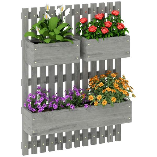 Grey wall-mounted wooden garden planter with trellis and three stacked planter boxes