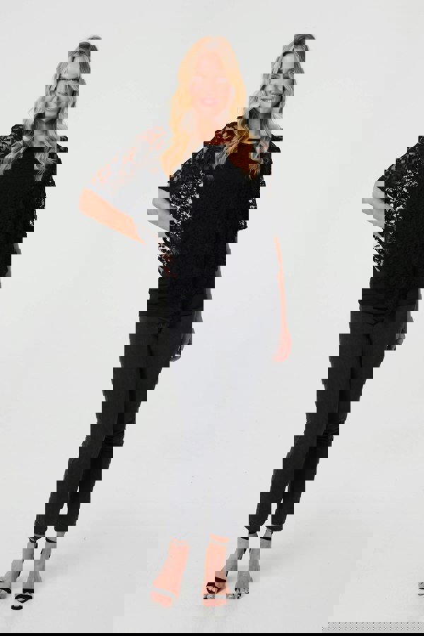 Black | Floral Lace Asymmetric Layered Top
