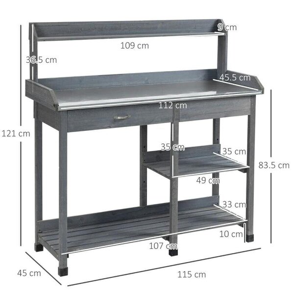 Garden Potting Table with Storage, Workbench, Metal Top, Storage Shelves & Hooks for Patio, Courtyard, Wooden