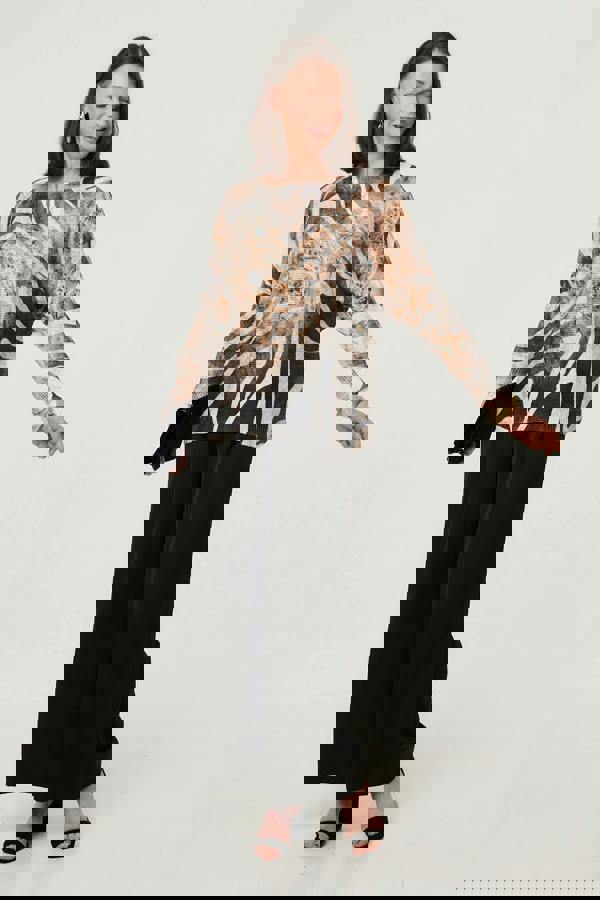 Brown | Printed Mesh Textured Long Sleeve Top