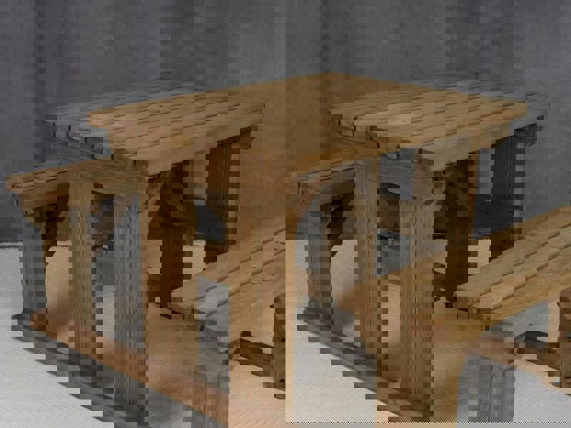 Abies Picnic Table and Benches Set - Rustic Finish Wooden Outdoor Dining Set for Gardens and Patios