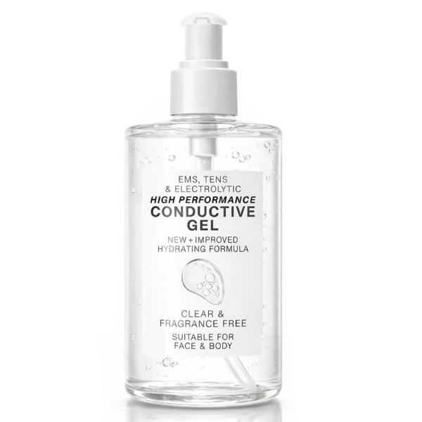 A clear 250ml pump bottle of Rio EMS, TENS, Electrolytic and Micro-Current Toning Conductive Gel features a new hydrating formula. Fragrance-free and suitable for face and body.