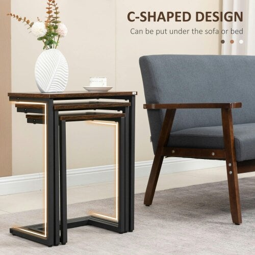 Wyld Haus Supa Metal Rustic Brown Set Of 3 Nesting C ShaFauxd Side Tables With Steel Frame